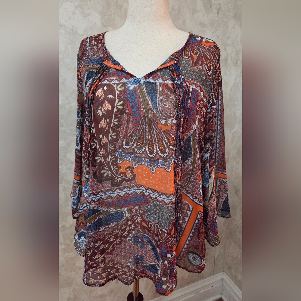 World Unity Boho Paisley Handkerchief Hem Blouse Bell Sleeve Tie Neck Top Size L